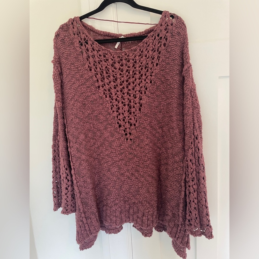 Free People Pretty Pointelle Vee Crochet Knit Cotton Sweater Flared Sleeve Boho